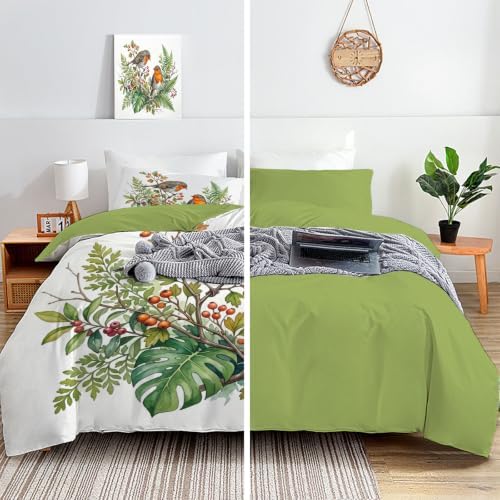 Sage Green Rural Watercolor Robin Duvet Cover Set for Women Girls