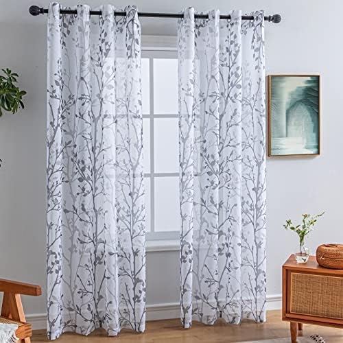 Luvyohmee White Grey Curtains 84 Inch Length 2 Panels Set, Semi Sheer
