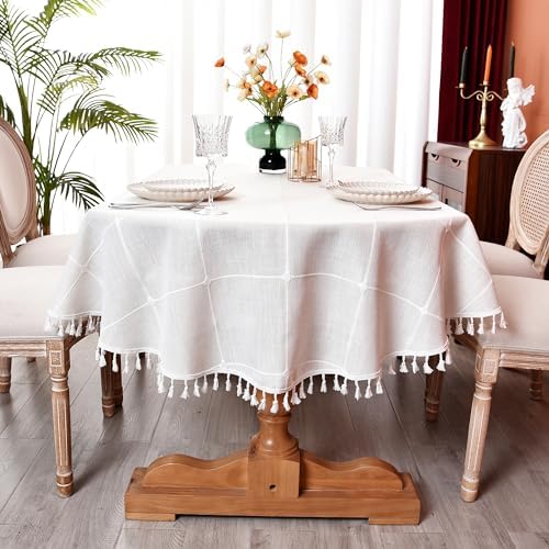 Rustic Cotton Linen Oval Tablecloth, Farmhouse Checkered Heavy Weight