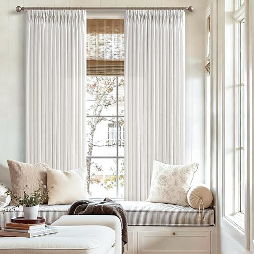 Short Beige White Linen Pinch Pleated Semi Sheer Curtains 63 Inch Long
