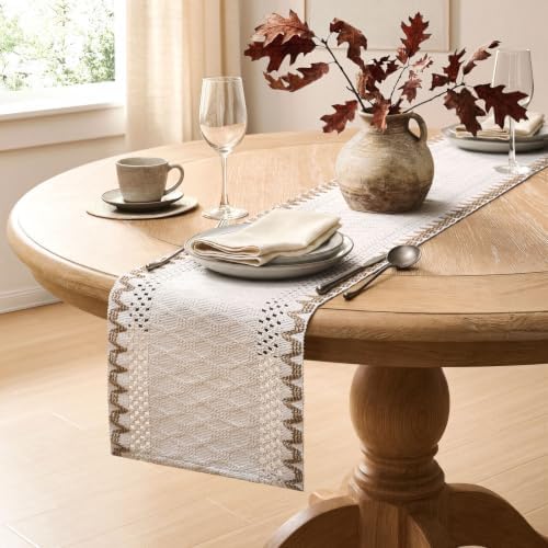 ZeeMart Macrame Side Trim Boho Woven Table Runner, Jute 12x108 Inch