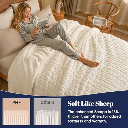 PHF Soft Sherpa Fleece Blanket King, Tufted Jacquard, 04-Natural Cream