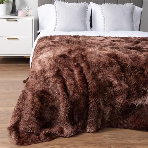 PAVILIA Tie Dye Brown Fluffy Fuzzy Faux Fur Twin Blanket Couch Bed