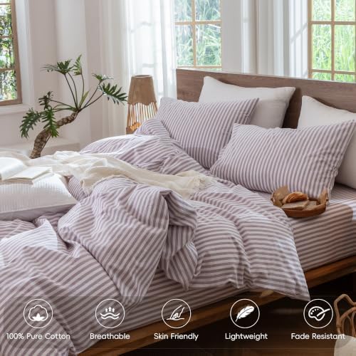 MooMee Striped Duvet Cover Set 100% Washed Cotton Linen Like Queen