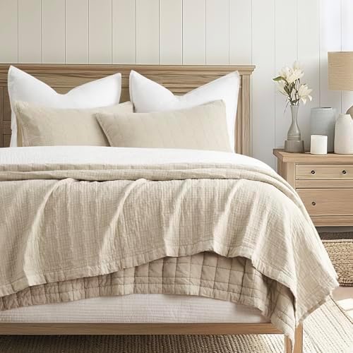 EVERGRACEHOME Stonewashed Cotton Quilt Set, King Size, Flax Beige