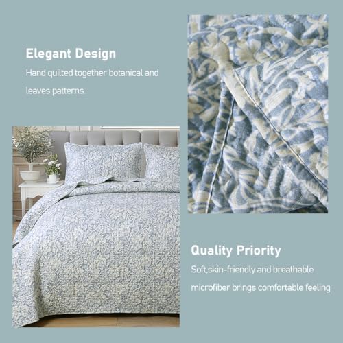 DURLENGEN Botanical Quilt Set King Size 3Pcs, Bluish Grey Printed with