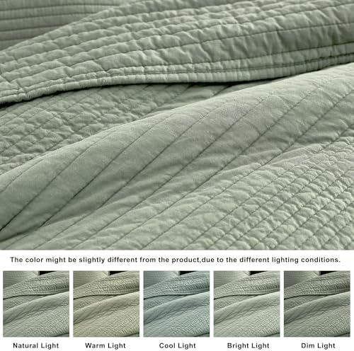 palassio 100% Cotton Striped Channel Quilt Set King Size, Sage Green