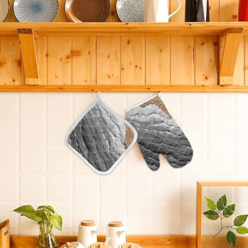 Quilted Cotton Terry Cloth Oven Mitt, Pot Holder Grey Ocean Beach Oil