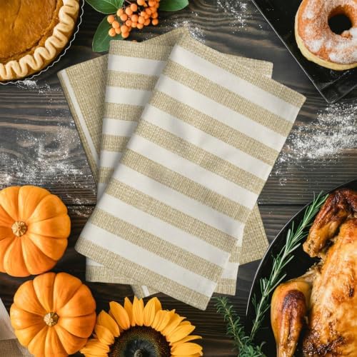 Rustic Linen Pattern Kitchen Towels Set of 3 Khaki Beige Vertical