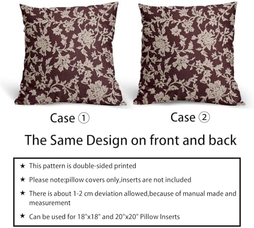 Burgundy Red Floral Pillow Covers 18x18 Set of 2 Brown Cream Vintage