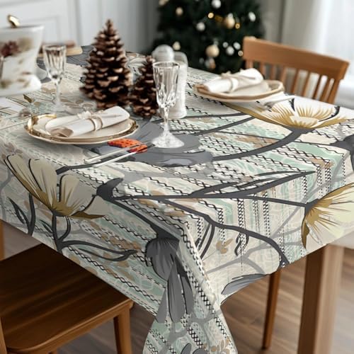 Grey and White Floral Print Square Table Cloth, Waterproof Duty Vinyl