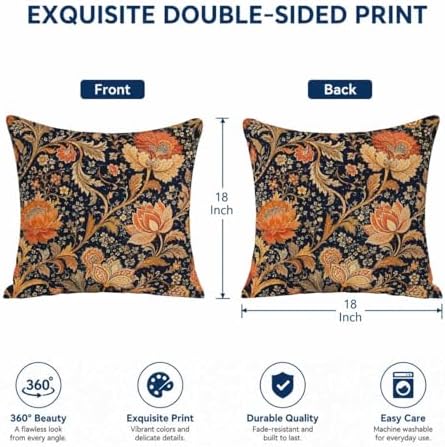 Gold Throw Pillow Covers 18x18 Set of 2,Orange Florals Outdoor