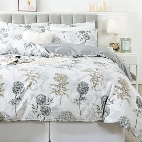 FADFAY Floral Duvet Cover Sets Queen Size 100% Cotton Ink Grey Vintage