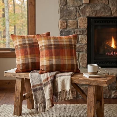 Fall Plaid Pillow Covers 22x22 Inch Orange Brown Checkered Throw
