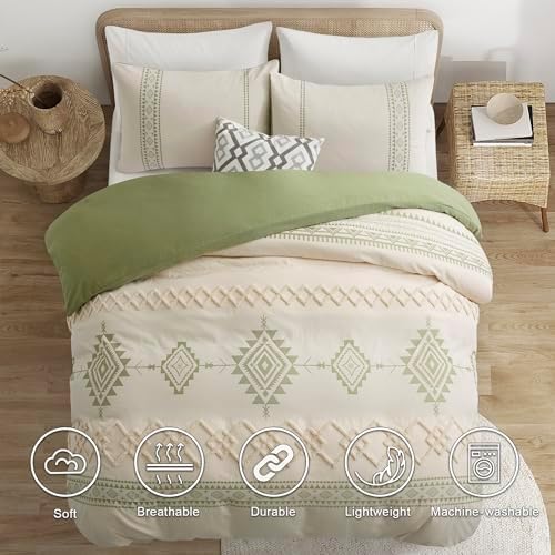 Oli Anderson Boho Duvet Cover King Size, Beige & Sage Green, 3 Pieces