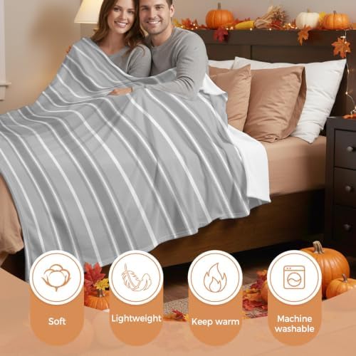 Flannel Fleece Blanket 60" x 80", Grey Stripe Microfiber Cozy Soft