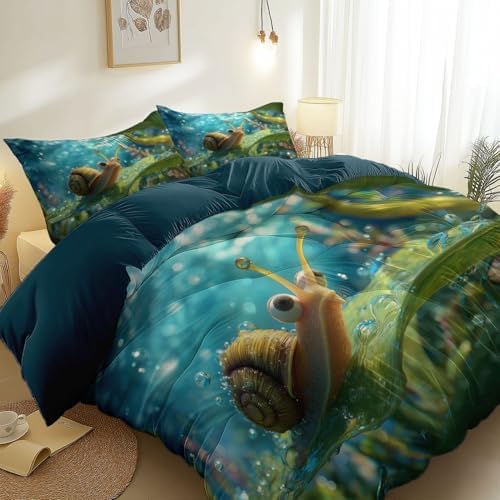 Duvet Cover Set King, 3pc Reversible Nature Animals Snails Printed