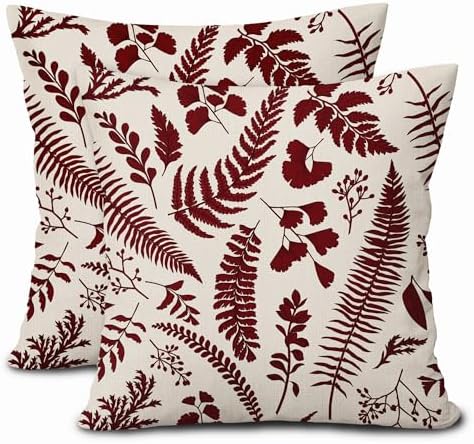 Burgundy Leaf Plant Pillow Covers 18X18 Inch Set of 2 Tropical Fern