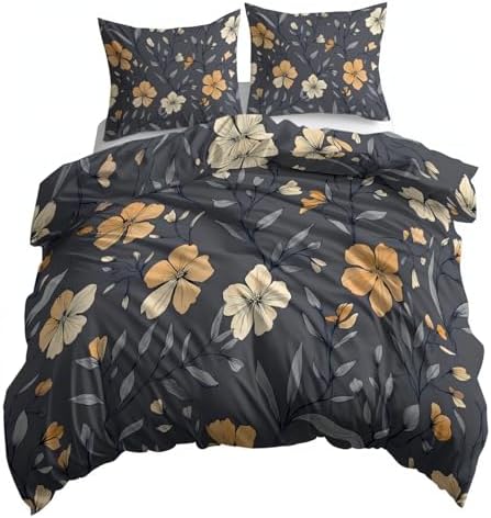 Grey Duvet Cover Set King Size, 3-Piece Reversible Bedding Set