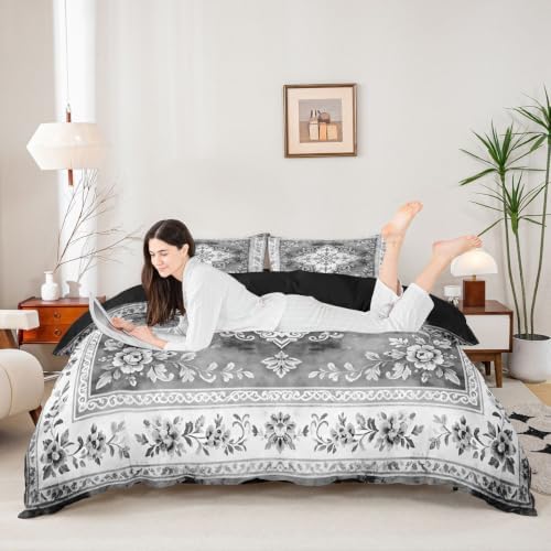 Manfei Grey Vintage Boho Duvet Cover Set Watercolor Plants Print