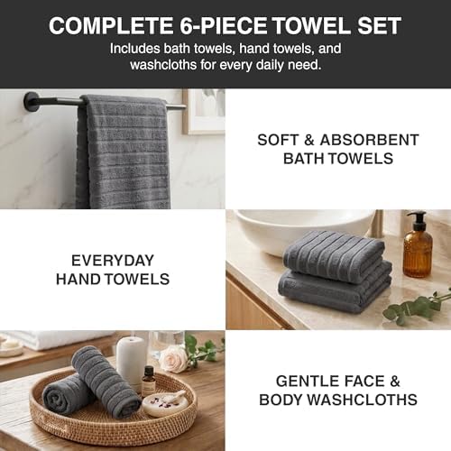 6 Piece Towel Sets for Bathroom - Includes 2 Bath Towels, 2 Hand