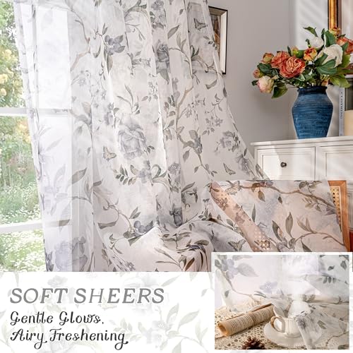 Lajode Grey Floral Sheer Curtains for Nursery Room - 52x63 Inch 2