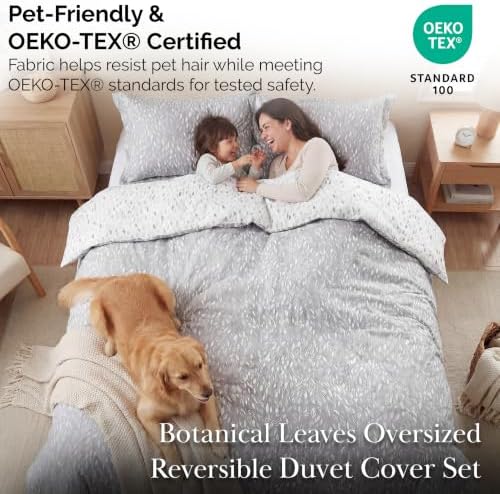 Reversible King/California King Duvet Cover Set Soft Botanical Leaves
