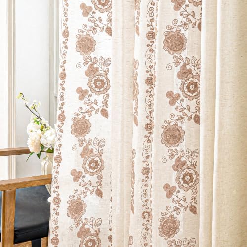 Taupe Boho Floral Linen Curtains for Living Room 96 Inch 2 Panels