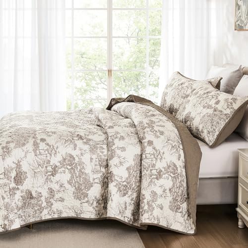 WONGS BEDDING Taupe Quilt Set Queen Size, Botanical Floral Bedspread