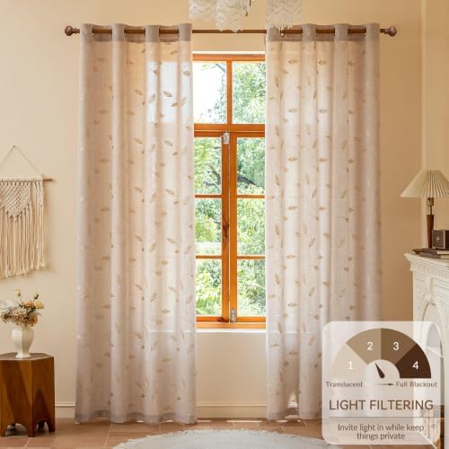 AmHoo 2 Panels Embroidered Leaf Faux Linen Curtains 170GSM Light