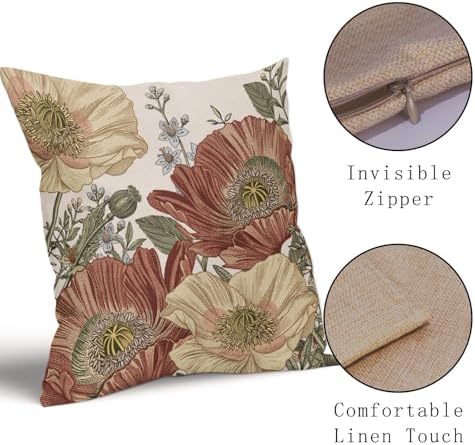 Vintage Floral Pillow Covers 18X18 Inch Set of 2 Red Rust Brown Yellow