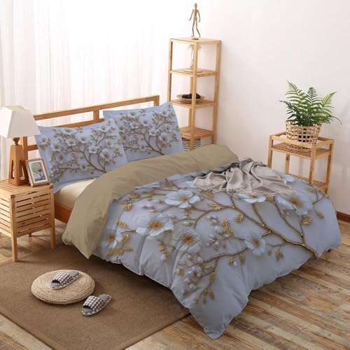 Duvet Cover Set King, 3D Minimalist Flowers and Branches Brushed