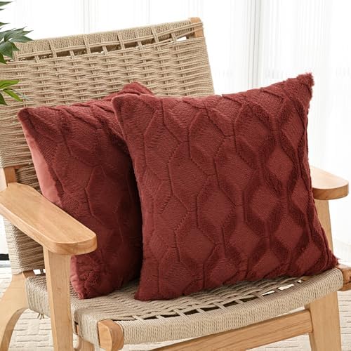 Volcanics Pack of 2 Faux Wool Rust Red Throw Pillow Covers 18x18 Inch