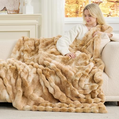 Cozy Bliss Deluxe Striped Rabbit Faux Fur Throw Blanket, 60"x80"