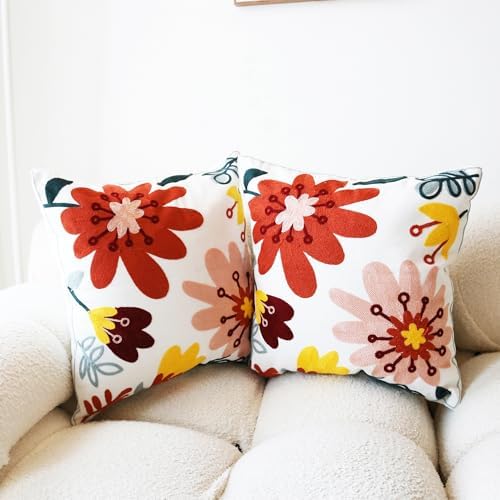 Embroidered Throw Pillow Covers 2PCS Floral Throw Covers 3D Big