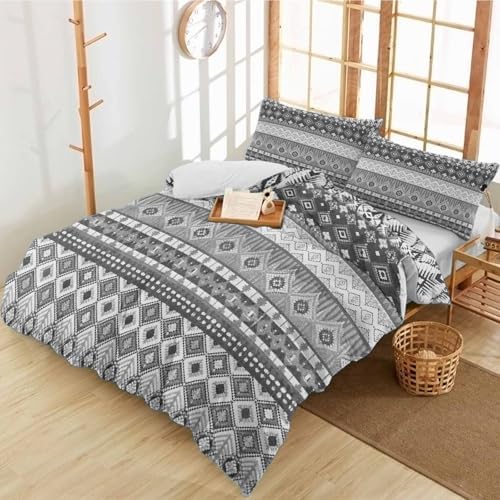 Duvet Cover Set Full, Tribal Gray Geometric Bohemian 3 Piece Bedding