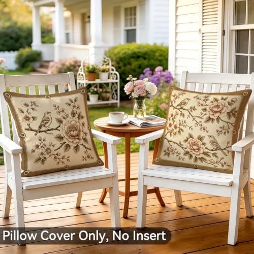 Vintage Beige Rose Bird Throw Pillow Covers Set of 2 18x18 Botanical