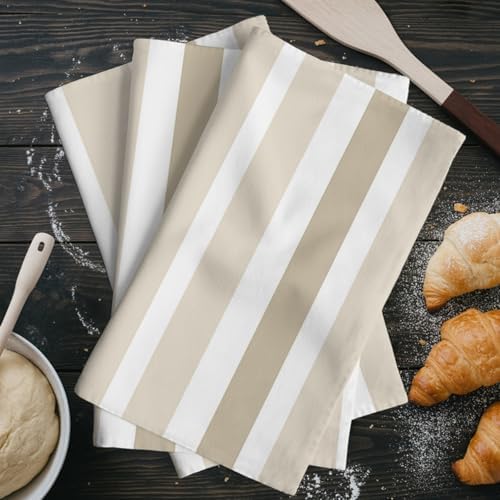 Kitchen Towels Set 3 Pack Beige White Stripes Absorbent Dish Towels