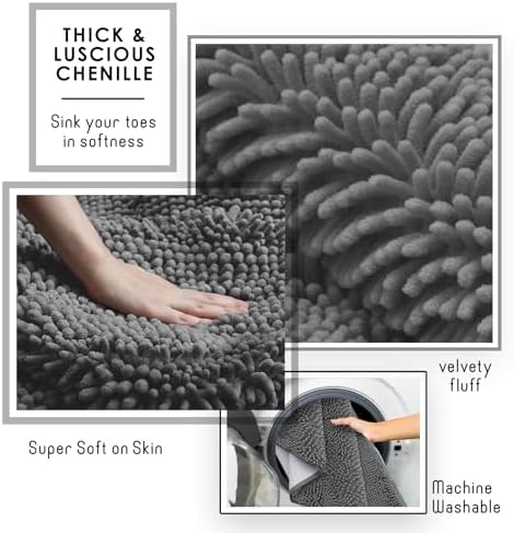 Hearth & Harbor Bathroom Rug Set, 2 Piece Chenille - Grey, Quick Dry