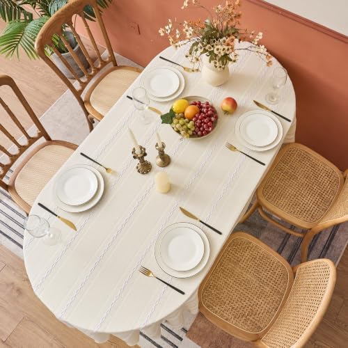 Beige Farmhouse Oval Tablecloth, 55×102 Inch Striped Linen Table Cloth