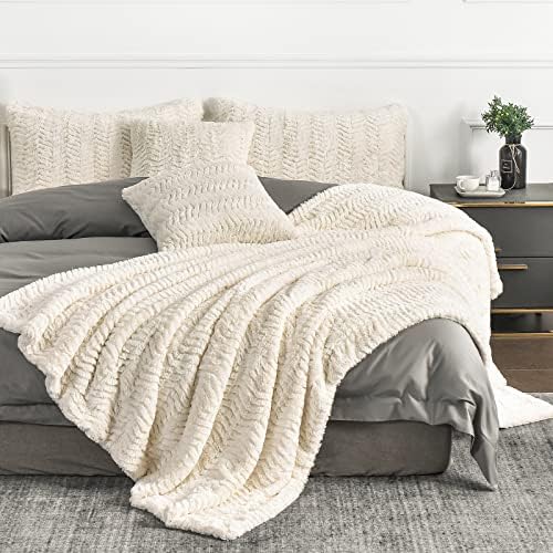 YUSOKI Luxury Double Sided Faux Fur Twin XL Blanket, Ivory, 63"x90"