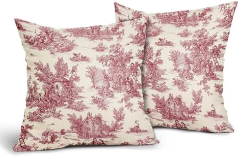 Red Toile Pillow Covers 18x18 Inch Set of 2 Burgundy and Beige French