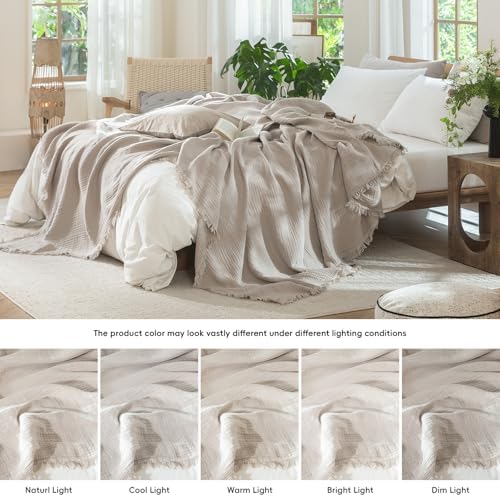 MooMee 100% Cotton Muslin Blanket Fringed 4-Layer Gauze Bed Throw
