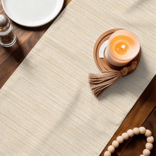 Modern Boho Table Runner 108 Inches, Solid Color Linen Texture Beige