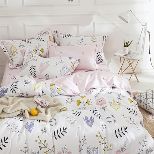 Pink Floral Duvet Cover Set Queen Girls Aesthetic Bedding Set 100%