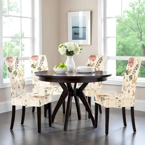 ANNA QUEEN Beige Botanical Floral Dining Chair Covers Set of 4