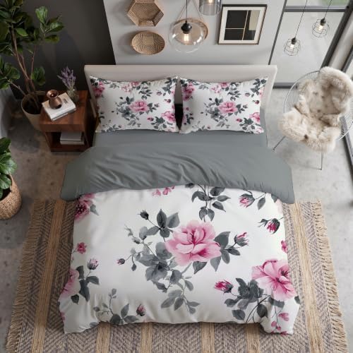 Grey Country Watercolor Roses King Duvet Cover Set Microfiber