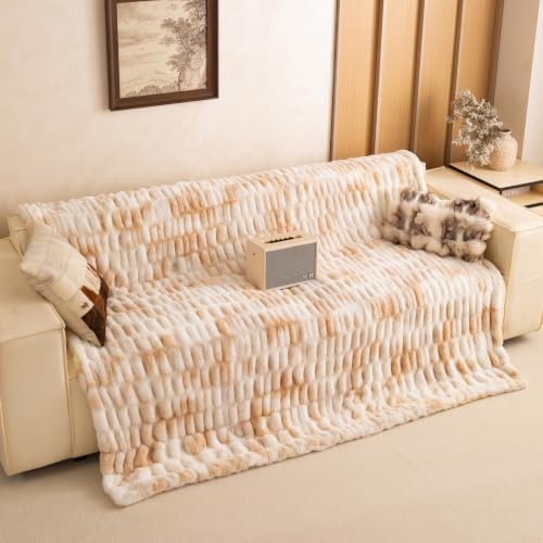 YUSOKI 1000GSM Bubble Faux Rabbit Fur Throw Blanket, Taupe Tie-Dye