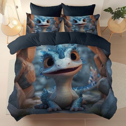 Duvet Cover Set King, 3pc Reversible Cute Fairy Tale Animals Dragons