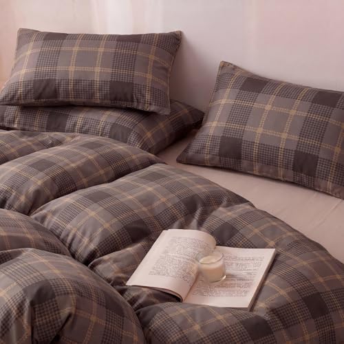 100% Cotton Buffalo Plaid Duvet Cover Queen Size – Taupe Gingham Duvet
